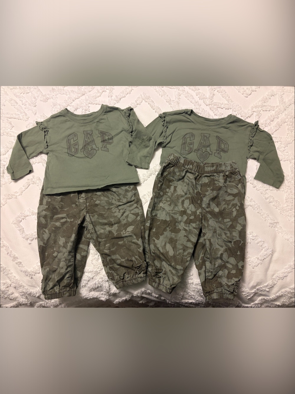 GAP Olive Green Logo Top with Camouflage Joggers Set, twins